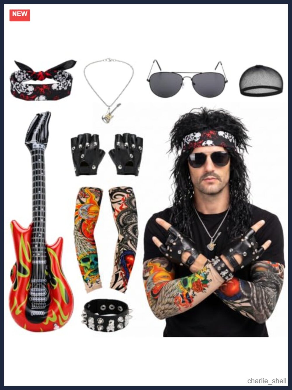 Mens 9 Pc Rocker Costume Set Halloween Disco Party Wig Guitar Gloves